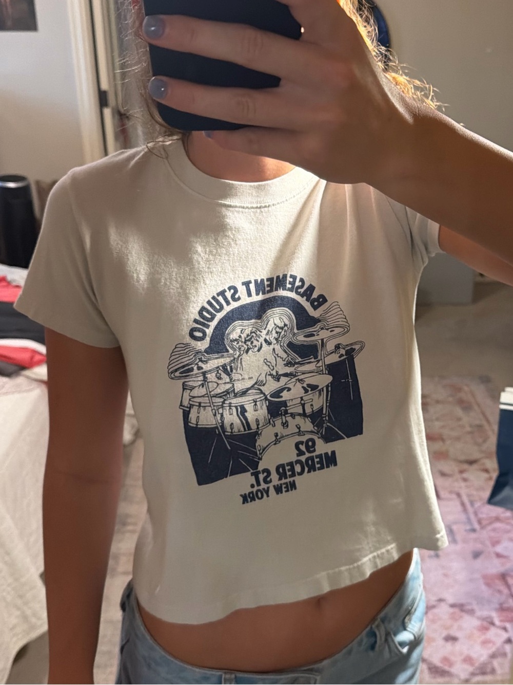 Brandy Melville Graphic White Baby Tee with Navy Drum Design